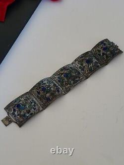 Large Filigree China Chinese Panel Bracelet Blue Drsgon Enamel Repousse Mythical