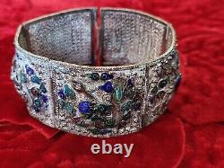 Large Filigree China Chinese Panel Bracelet Blue Drsgon Enamel Repousse Mythical