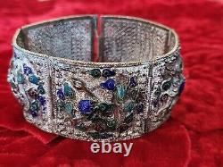 Large Filigree China Chinese Panel Bracelet Blue Drsgon Enamel Repousse Mythical