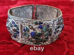 Large Filigree China Chinese Panel Bracelet Blue Drsgon Enamel Repousse Mythical