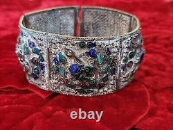 Large Filigree China Chinese Panel Bracelet Blue Drsgon Enamel Repousse Mythical