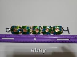 Large Vintage Pink Fused Glass Enamel Green & Blue Abstract Modernist Bracelet