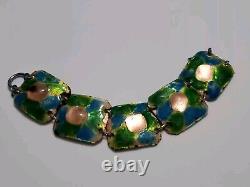 Large Vintage Pink Fused Glass Enamel Green & Blue Abstract Modernist Bracelet