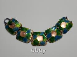 Large Vintage Pink Fused Glass Enamel Green & Blue Abstract Modernist Bracelet