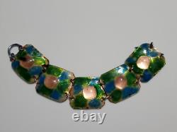 Large Vintage Pink Fused Glass Enamel Green & Blue Abstract Modernist Bracelet