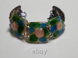 Large Vintage Pink Fused Glass Enamel Green & Blue Abstract Modernist Bracelet