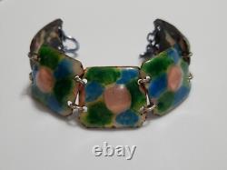 Large Vintage Pink Fused Glass Enamel Green & Blue Abstract Modernist Bracelet
