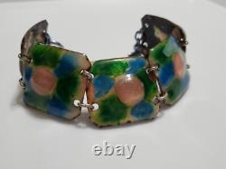 Large Vintage Pink Fused Glass Enamel Green & Blue Abstract Modernist Bracelet