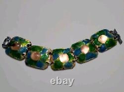 Large Vintage Pink Fused Glass Enamel Green & Blue Abstract Modernist Bracelet