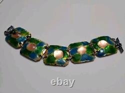 Large Vintage Pink Fused Glass Enamel Green & Blue Abstract Modernist Bracelet