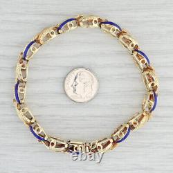 Leaf Blue Enamel Oval Bracelet 14k Yellow Gold Statement 7.5 11.2