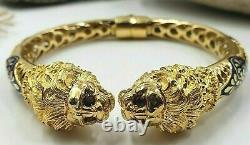Lion Heads Cuff Bracelet with Rubies Blue Enamel In 18KT Yellow Gold VINTAGE