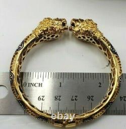 Lion Heads Cuff Bracelet with Rubies Blue Enamel In 18KT Yellow Gold VINTAGE