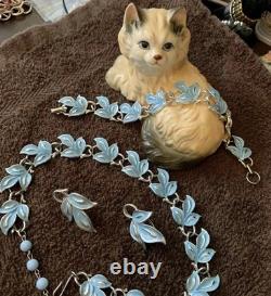 Lovely Coro Necklace Earrings & Bracelet Robin's Egg Blue Enamel Silver tone #2
