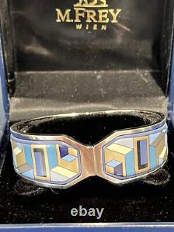 M Frey Geometry Mosaic Enamel Clamper Bangle Bracelet Blue Silver Jewelry NEW