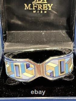 M Frey Geometry Mosaic Enamel Clamper Bangle Bracelet Blue Silver Jewelry NEW