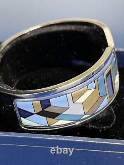 M Frey Geometry Mosaic Enamel Clamper Bangle Bracelet Blue Silver Jewelry NEW