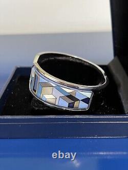 M Frey Geometry Mosaic Enamel Clamper Bangle Bracelet Blue Silver Jewelry NEW