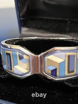 M Frey Geometry Mosaic Enamel Clamper Bangle Bracelet Blue Silver Jewelry NEW