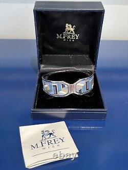 M Frey Geometry Mosaic Enamel Clamper Bangle Bracelet Blue Silver Jewelry NEW