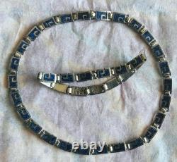 MARGOT DE TAXCO Sterling Silver Greek Key Blue Enamel Inlay Necklace + Bracelet
