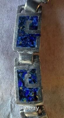 MARGOT DE TAXCO Sterling Silver Greek Key Blue Enamel Inlay Necklace + Bracelet