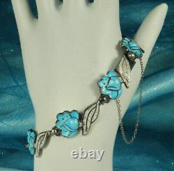 MARGOT de TAXCO Bracelet STERLING Blue & Speckled White ENAMEL Flower & Leaf FAB