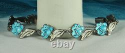 MARGOT de TAXCO Bracelet STERLING Blue & Speckled White ENAMEL Flower & Leaf FAB