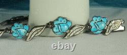 MARGOT de TAXCO Bracelet STERLING Blue & Speckled White ENAMEL Flower & Leaf FAB