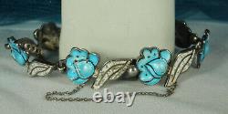 MARGOT de TAXCO Bracelet STERLING Blue & Speckled White ENAMEL Flower & Leaf FAB