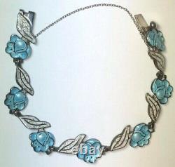 MARGOT de TAXCO Bracelet STERLING Blue & Speckled White ENAMEL Flower & Leaf FAB