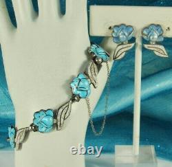 MARGOT de TAXCO Bracelet STERLING Blue & Speckled White ENAMEL Flower & Leaf FAB