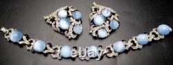MAZER Unsigned Blue Glass Moonstone Rhinestone Enamel Bracelet Dress Clip Set