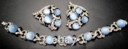 MAZER Unsigned Blue Glass Moonstone Rhinestone Enamel Bracelet Dress Clip Set