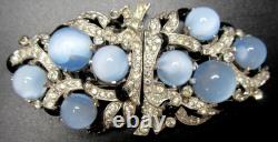 MAZER Unsigned Blue Glass Moonstone Rhinestone Enamel Bracelet Dress Clip Set