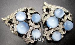 MAZER Unsigned Blue Glass Moonstone Rhinestone Enamel Bracelet Dress Clip Set