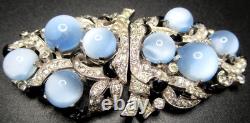 MAZER Unsigned Blue Glass Moonstone Rhinestone Enamel Bracelet Dress Clip Set