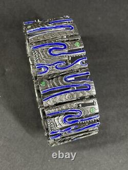 MCM Uno A Erre Blue Enamel Modern Cut Out Italian Sterling Bracelet