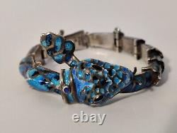 Margot De Taxco Style Snake Articulated Bracelet Enamel Sterling Silver Vintage