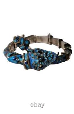 Margot De Taxco Style Snake Articulated Bracelet Enamel Sterling Silver Vintage