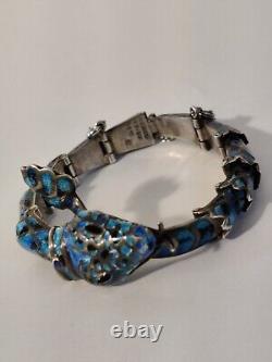 Margot De Taxco Style Snake Articulated Bracelet Enamel Sterling Silver Vintage