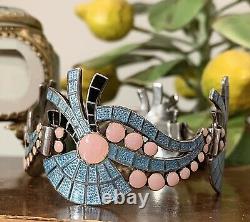 Margot De Taxco Vintage Enamel Pink Blue Black Fan and Wave Sterling Bracelet