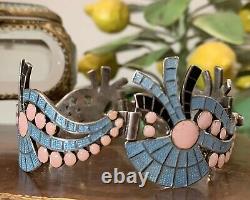 Margot De Taxco Vintage Enamel Pink Blue Black Fan and Wave Sterling Bracelet