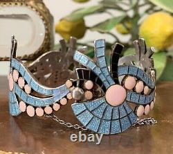 Margot De Taxco Vintage Enamel Pink Blue Black Fan and Wave Sterling Bracelet