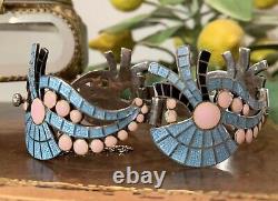 Margot De Taxco Vintage Enamel Pink Blue Black Fan and Wave Sterling Bracelet