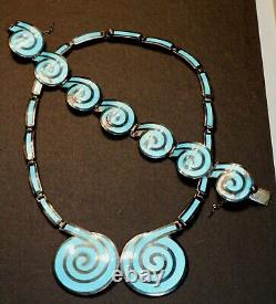 Margot de Taxco Blue Enamel Swirl Necklace, Bracelet Set, Sterling, Mexico #5357