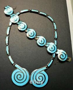 Margot de Taxco Blue Enamel Swirl Necklace, Bracelet Set, Sterling, Mexico #5357