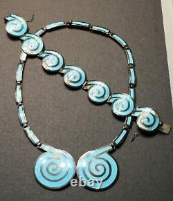 Margot de Taxco Blue Enamel Swirl Necklace, Bracelet Set, Sterling, Mexico #5357