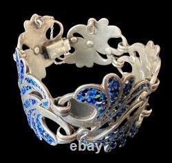 Margot de Taxco Mexican Sterling Silver Blue Melange Enamel Curved Leaf Bracelet