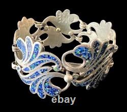 Margot de Taxco Mexican Sterling Silver Blue Melange Enamel Curved Leaf Bracelet